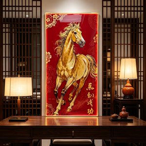 Arte Mural Chino Personalizado al por Mayor, Caballo Dorado de la Suerte, Pintura en Porcelana con Cristal, LED, Decoración de Pared Vertical Roja para el Éxito - Product Image 5