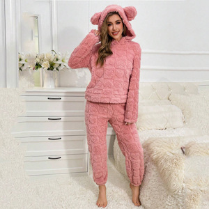 Carino da <span class=keywords><strong>donna</strong></span> rosa Jacquard <span class=keywords><strong>pigiama</strong></span> Set quadrato cuore <span class=keywords><strong>morbido</strong></span> Shu velluto Set orecchie con cappuccio elastico in vita da casa per l'inverno - Product Image 1