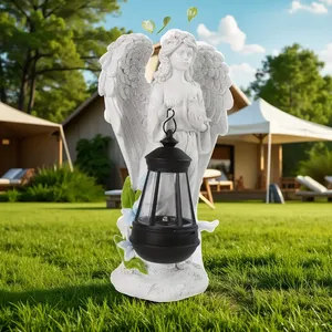 Statua da Giardino di Angelo in Resina Bianca <span class=keywords><strong>con</strong></span> Lanterna Solare Sospesa, Scultura di Angelo <span class=keywords><strong>con</strong></span> Colomba, Decorazione per Cimitero e Giardino - Product Image 4
