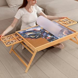 Wooden Puzzle <b>Table</b> with Drawers Cover and <b>Folding</b> <b>Legs</b> Board for Home Furniture - Product Image 3