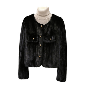 OEM personalizzato etichetta corta <span class=keywords><strong>pelliccia</strong></span> di visone nero per le donne girocollo e metallo bottone decorazione antivento giacca invernale - Product Image 1