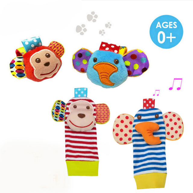 Monkey Elephant Soft Fabric Rattle Bracelet Wristbands Baby Socks Toys Wrist Rattles and Foot Finders Baby Toys Set