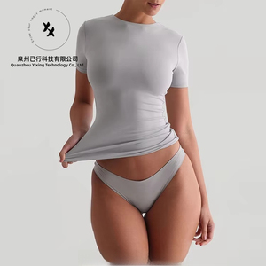 T-shirt personnalisé par le fabricant, 95% coton, 5% élasthanne, t-shirt pour femme, crop top, manches courtes, ajusté, compression, sport, gym - Product Image 5
