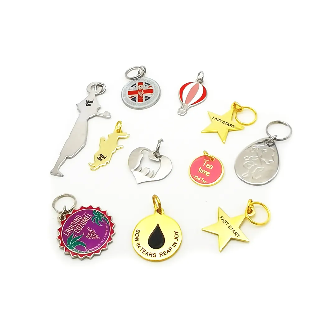 Metal jewelry tags silver gold 18K 24K gold plated brass small heart charms water-drop shape round oval star design pendant