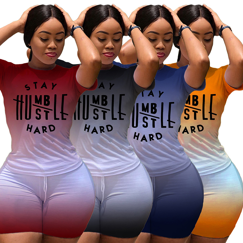 Женская Повседневная футболка с градиентным принтом и короткие велосипедные брюки, блестящий спортивный костюм, облегающий комплект из двух предметов с шортами, комплекты из двух предметов