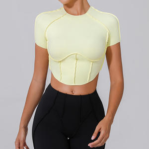 Haut de yoga à manches courtes pour femme, sans rembourrage, séchage rapide, coupe ajustée, style crop top, pour la course, la gym et l'entraînement - Product Image 2