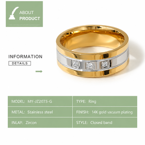 Anillo de Dos Tonos con Tres Circonitas, Acero Inoxidable, Chapado en Oro de 14K al Vacío, Joyería con Banda de Circonitas - Product Image 3