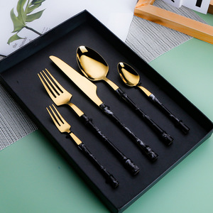 Ensemble de couteau, fourchette et cuillère en acier inoxydable Pei Jiale, 6 pièces, manche en marbre, durable, pour la maison, steak, repas occidentaux, emballage cadeau - Product Image 4
