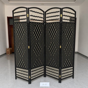 Black Modern Paper Rope Rattan Natural Fiber Translucent Room Divider Handwoven 4 Folding Screen Arched Top Decorative - Product Image 3