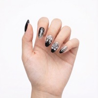 Faux ongles 3D noirs et argentés à presser, style gothique dégradé, forme amande, avec motifs étoile, nœud et fleur, pour fêtes et usage quotidien