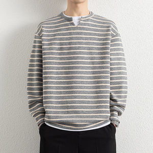 Suéter de Dos Piezas a Rayas de Punto para Hombre, Estilo Casual de Marca de Moda para Primavera y Otoño, Camiseta Holgada de Manga Larga - Product Image 1