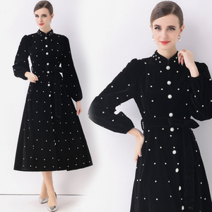 Mùa thu mùa Đông thanh lịch của phụ nữ Midi nhung ăn mặc trong màu đen với mô hình rắn thắt lưng tự nhiên nút & sashes - Product Image 1