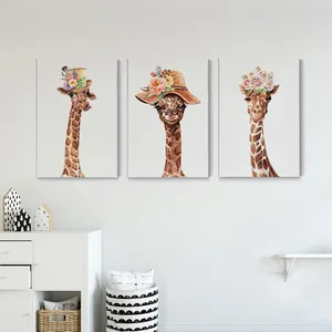 3 teile/satz Giraffe tragen Blumen hut Aquarell afrikanische Kunst Leinwand Haus für Wohnzimmer Malerei Kinderzimmer Wand kunst Bilder