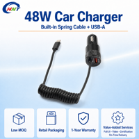 Penjualan Pabrik Charger Mobil Universal Portabel Cepat 48W PD QC3.0 dengan Kabel Spiral Tipe C Terintegrasi dan Port USB Output 30W