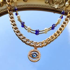 Collar de doble capa, colgante de perla y Diamante, Ojo de diablo azul, 2022 - Product Image 3