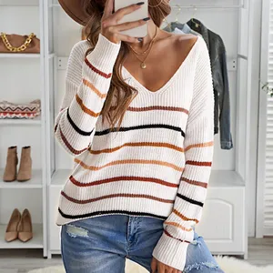Women Pullover Knit Sexy Long-Sleeved V-Neck Women Tops Solid Color 2024 Spring Autumn Casual Striped Sweaters Pullover
