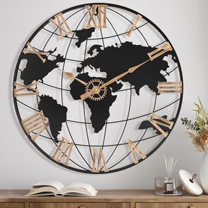 Horloge murale analogique à quartz de 60 cm avec globe terrestre et <span class=keywords><strong>carte</strong></span> du monde, style antique et motif nature morte, en fer, pour salon - Product Image 6