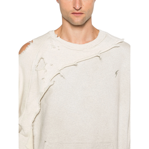 Felpa primaverile da <span class=keywords><strong>uomo</strong></span> bianca in maglia con design a strati misti, dettagli patchwork, orlo a costine, girocollo e spalle scese effetto distressed - Product Image 4