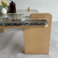 Table basse moderne personnalisée en marbre Tiramisu avec base en bois massif, table centrale en pierre naturelle pour salon
