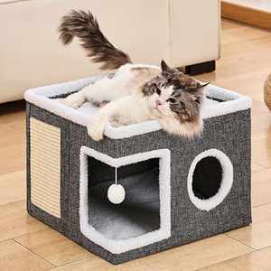 Casa para Gatos Plegable de 2 Niveles, Cueva Grande y Suave para Gatos con Rascador y Pelota Esponjosa - Product Image 2