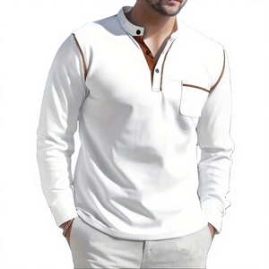 Camiseta Blanca de Manga Larga para Hombre, Cuello Alto, Corte Ajustado, Ribete en Contraste, Camisa Casual de Algodón Tejido, Diseño Liso, Bangladesh - Product Image 1