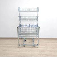 Table promotionnelle portable à 3 niveaux, style moderne, avec mini-bacs de présentation en fil d'acier zingué et roulettes détachables