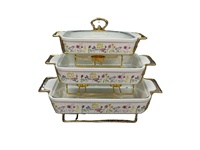 Ensemble de 3 ustensiles de cuisson en céramique : cocotte, plat à four, réchaud à alcool avec support doré