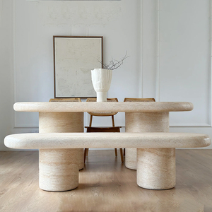 <span class=keywords><strong>Table</strong></span> à manger ovale allongée en travertin beige vert, style galet doux, avec double colonne solide, <span class=keywords><strong>table</strong></span> de dîner de luxe minimaliste pour la maison de rêve - Product Image 1