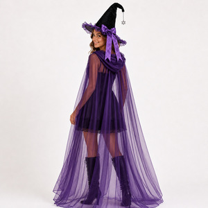 Conjunto <span class=keywords><strong>de</strong></span> Disfraz <span class=keywords><strong>de</strong></span> <span class=keywords><strong>Bruja</strong></span> <span class=keywords><strong>de</strong></span> Halloween, Sombrero <span class=keywords><strong>de</strong></span> <span class=keywords><strong>Bruja</strong></span> Negro <span class=keywords><strong>con</strong></span> Lazo Morado, Capa <span class=keywords><strong>con</strong></span> Capucha <span class=keywords><strong>de</strong></span> <span class=keywords><strong>Tul</strong></span> Morado, Disfraz <span class=keywords><strong>de</strong></span> Mago para Mujeres y Niñas - Product Image 4