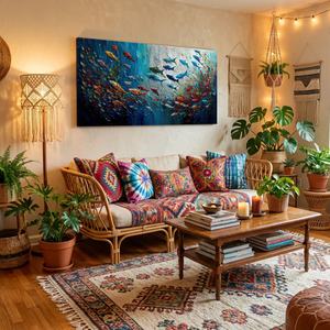 Peinture murale abstraite de poisson, grande toile minimaliste faite à la main, œuvre d'art pour hôtel, décoration murale pour la maison, arts décoratifs - Product Image 6