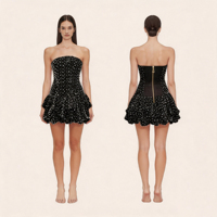 Robe Courte de Soirée Noire à Perles et Cristaux pour Femme, Directement de l'Usine – Mini-Robe Bustier Haut de Gamme Personnalisée avec Strass et Perles