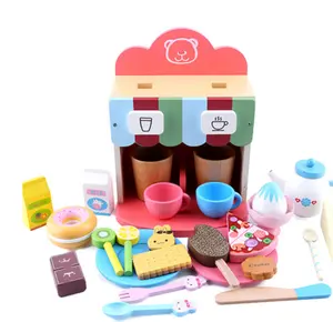 Jogo de cozinha acessórios de madeira, conjunto de café, brinquedo de madeira, kit com rosquinha, bolos e doces
