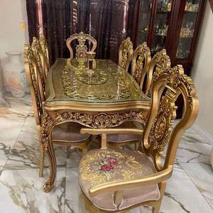 Luxury Royal Antique Teakwood Gold Dining <b>Table</b> Set Round 8 Seater Premium Dining Room Furniture - Product Image 2