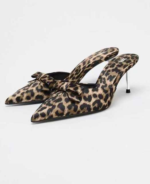 ZA 2025 Wind Fashion Leopard Print Bow Decorated Pointed High Heels Sandals Designer Shoes Woman