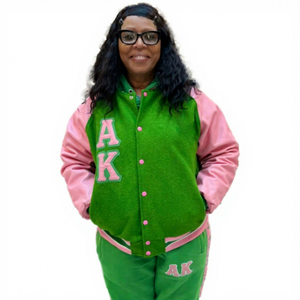 Kapa Unisex Letterman Varsity <b>Jacket</b> Green Wool Body Pink Front Logo Breathable Quick Dry Winter V-neck Single Button 100% - Product Image 1
