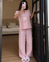 Pyjama décontracté rose à carreaux pour femme, ensemble deux pièces, vêtements de nuit et d'intérieur, pyjamas personnalisables ODM