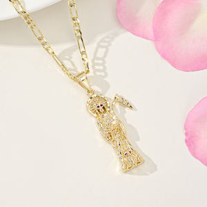 Collana Santa Muerte con Zirconi, Placcata <span class=keywords><strong>Oro</strong></span>, con Catena, Gioielli Religiosi per Donne - Product Image 2