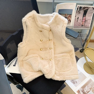 <span class=keywords><strong>Gilet</strong></span> élégant en fausse fourrure pour <span class=keywords><strong>femme</strong></span>, style cardigan tricoté à double boutonnage, pull sans manches épais et <span class=keywords><strong>chaud</strong></span> en peluche pour l'hiver - Product Image 5