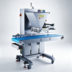 Macchina per lo stampaggio a iniezione di torte, Macchina commerciale per l'estrusione di biscotti, Linea di produzione automatica per la ripieno e la cottura di pasticcini in vassoi - Product Image 1