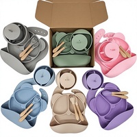 Ensemble de vaisselle en silicone pour bébé, 6 pièces, avec poignée en bois, oreilles de chat, ventouse, assiette et bol, style dessin animé mignon, accessoires pour bébé