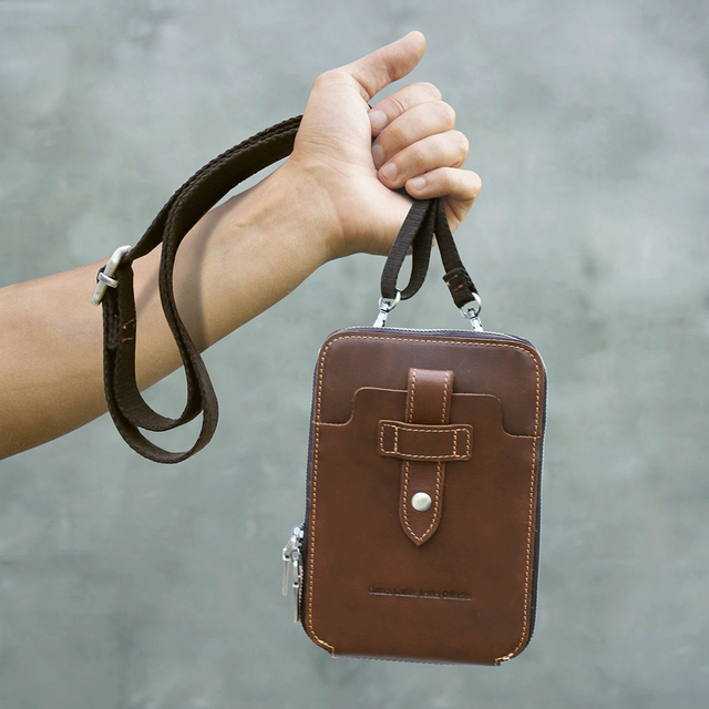 Vintage Full Grain Oil Bead Leather Small Crossbody Phone Bag Men Belt-Worn Phone Pouch for 6.9'' Cell Phone 8.3" Ipad