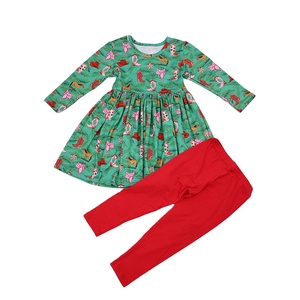 Qingli OEM set di <span class=keywords><strong>abiti</strong></span> <span class=keywords><strong>natalizi</strong></span> Casual da ragazza elegante tessuto a maniche lunghe con stampa occidentale per bambini 3T 7 anni per la primavera estate - Product Image 1