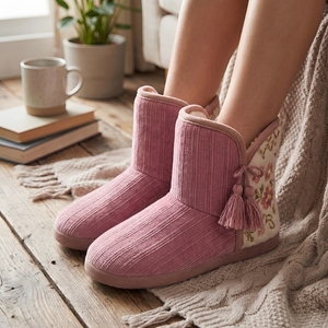 Chaussons bottes en velours côtelé rose pour femmes avec pompon, doublure polaire, chaussures d'hiver, vente en gros, MOQ 500, Distributeur - Product Image 2