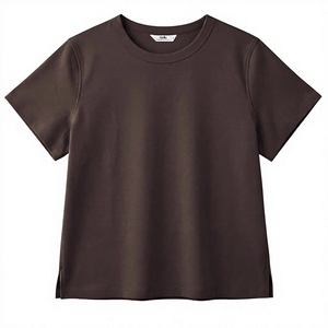 T-shirt en tricot décontracté pour femme Stile, col rond, manches courtes, coupe ample, séchage rapide, couleur unie, toutes saisons, marron foncé - Product Image 1