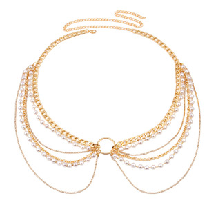 โซ่คล้องตัวแฟชั่นหลายชั้น โซ่คาดเอวทรงเรขาคณิต ไข่มุกเทียม เครื่องประดับฮิปฮอปสำหรับงานปาร์ตี้ สีทองขาว K - Product Image 5