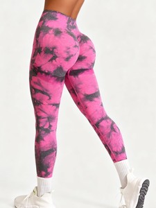 Leggings de yoga para <span class=keywords><strong>mujer</strong></span> de cintura alta, sin costuras, con efecto tie-dye, fruncido en glúteos, realce de cadera, transpirables, de secado rápido, con logo personalizado - Product Image 1