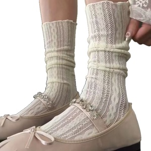 Chaussettes fines d'été <span class=keywords><strong>en</strong></span> tricot antidérapantes pour femmes, style Mary Jane, chaussettes à effet froissé, style ballet, ajourées, mi-mollet - Product Image 5