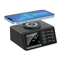Port de charge multiple 4 USB + 4 PD Base de charge rapide pour téléphone intelligent Ordinateur portable Écran couleur Affichage numérique Chargeur sans fil 15W