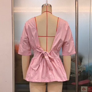 Atasan Peplum Musim Panas Channel 2026 untuk Wanita, Blus Kasual Bisnis dengan Ikat Belakang, Lengan Pendek, dan Pinggang Terikat - Product Image 6