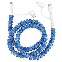 Kabel Charger HP 4 in 1 Biru Berhias Rhinestone, USB Type C, Kabel Multi Charging Berkilau Kristal, Kabel Transfer Data